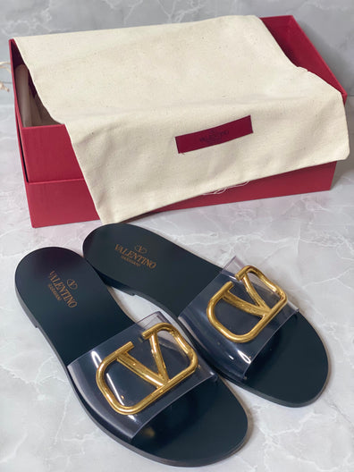 Black PVC V Logo Flat Sandals